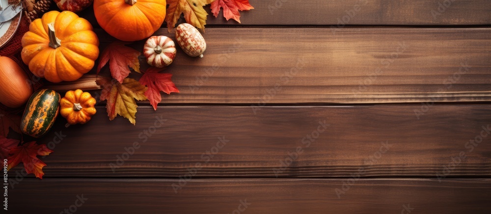 Poster copy space image of a thanksgiving table setting with cutlery on a wooden background evoking the war