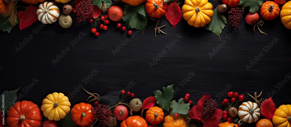 Poster copy space image with a top down view of autumn leaves and pumpkins forming an autumn and thanksgivi