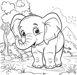 Kids coloring book with cute elephant, trees and flowers. Simple shapes, contour for small children. Cartoon vector.