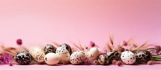 A copy space image of Easter themed quail eggs and flowers set against a pink background