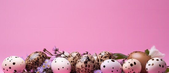 A copy space image of Easter themed quail eggs and flowers set against a pink background