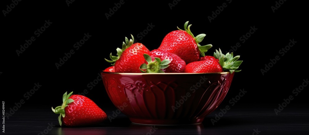 Poster a copy space image of a vibrant red strawberry resting in a bowl against a striking black background