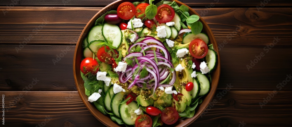 Poster a copy space image of a healthy vegan summer salad with a variety of fresh vegetables like sliced av