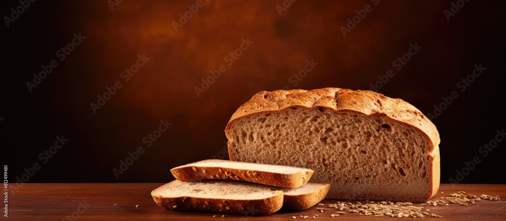 Poster copy space image of whole wheat bread on a brown background