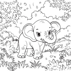 Kids coloring book with cute elephant, trees and flowers. Simple shapes, contour for small children. Cartoon vector.
