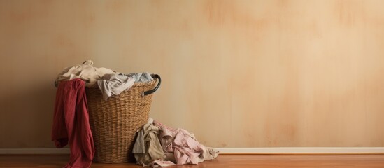Indoor copy space image featuring a laundry basket filled with dirty clothes strewn across the floor