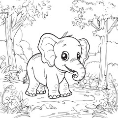 Kids coloring book with cute elephant, trees and flowers. Simple shapes, contour for small children. Cartoon vector.