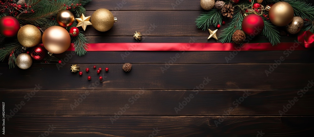 Poster The table is adorned with gift boxes and Christmas ornaments creating a picturesque scene from a top down perspective An empty frame provides a perfect copy space image