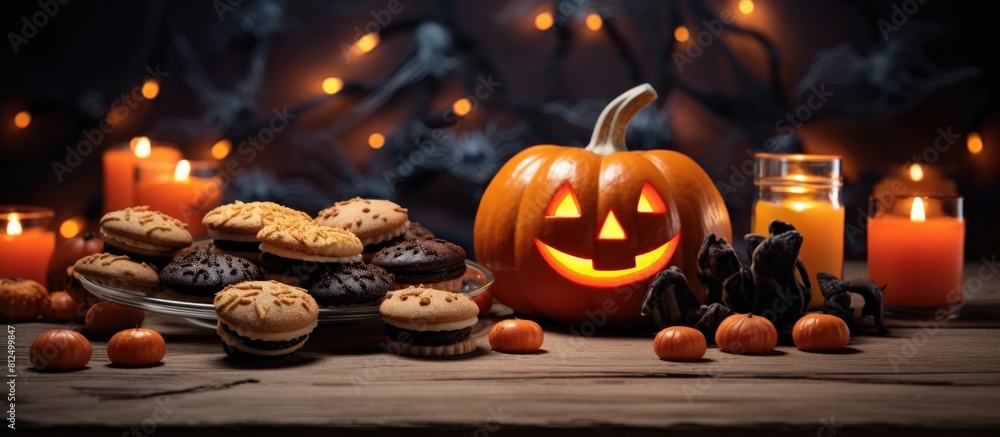 Poster the table is adorned with halloween decorations including a spooky pumpkin shaped cookie various can
