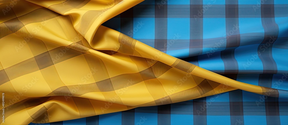 Aufkleber There is an empty background with a checkered fabric material in blue and yellow The copy space image is available