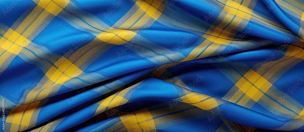 Leinwandbilder There is an empty background with a checkered fabric material in blue and yellow The copy space image is available