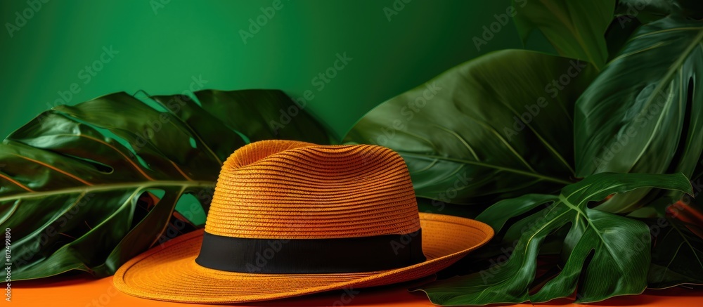 Poster there is an image depicting a summer hat resting on a vibrant green leaf that contrasts with the ora