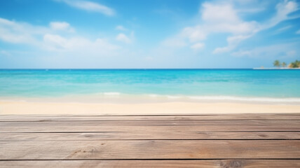 Wood table top on blur beach background used for display or montage your products, travel and relax activity concept