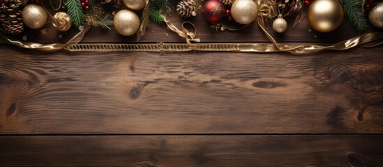 The table is adorned with gift boxes and Christmas ornaments creating a picturesque scene from a top down perspective An empty frame provides a perfect copy space image