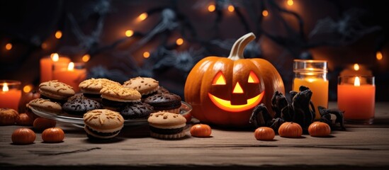 The table is adorned with Halloween decorations including a spooky pumpkin shaped cookie various candies and a festive background creating a vibrant copy space image