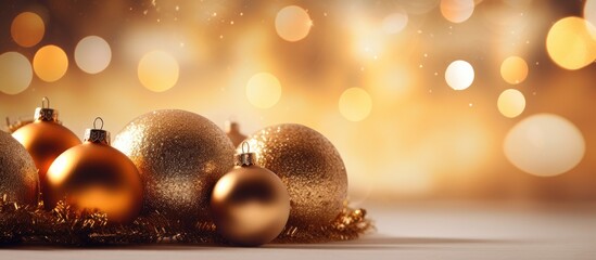 The Christmas tree is adorned with gold festive decoration balls creating a beautiful yellow bokeh from the glowing garland The background is blurred with a shallow depth of field and the image has a