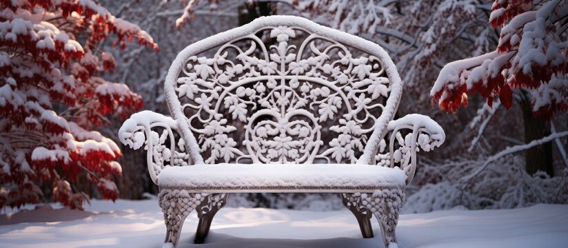 A garden chair with intricate ornamentation covered in snow making for a picturesque copy space image