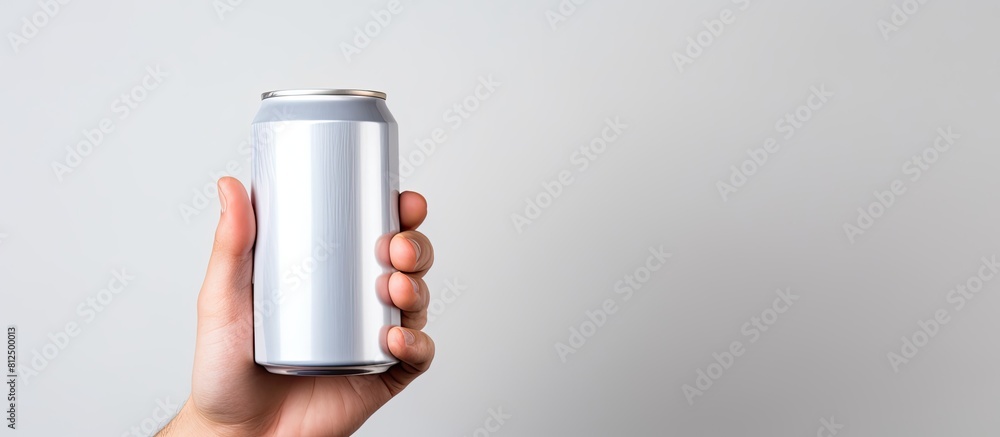 Poster A man is holding a white aluminum can with a clipping path creating a perfect copy space image