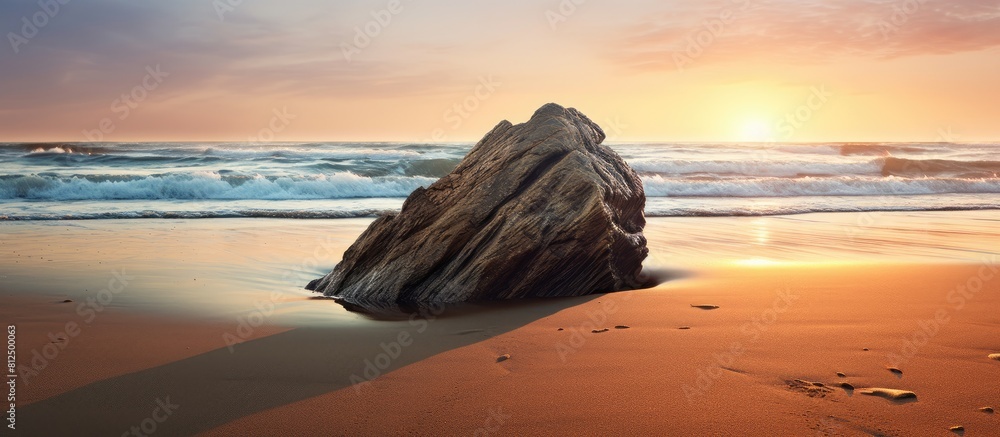 Poster a rock is being positioned on the beach with copy space image available
