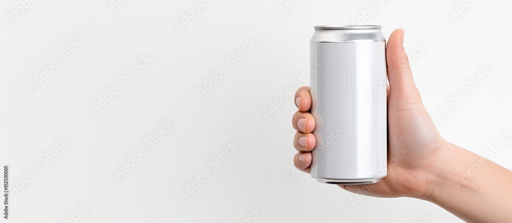 Poster A man is holding a white aluminum can with a clipping path creating a perfect copy space image