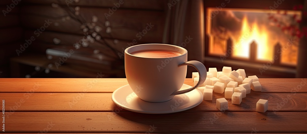 Poster on a wooden table there is a delightful cup of cocoa adorned with marshmallows the inviting image of
