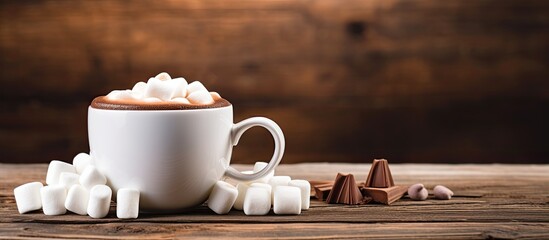 On a wooden table there is a delightful cup of cocoa adorned with marshmallows The inviting image offers plenty of room for adding text. Creative banner. Copyspace image