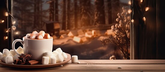 On a wooden table there is a delightful cup of cocoa adorned with marshmallows The inviting image offers plenty of room for adding text. Creative banner. Copyspace image