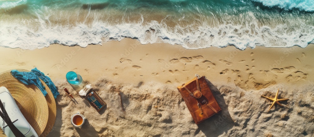 Poster A travel concept is depicted from a top view perspective on an abstract beach background with various accessories Copy space image