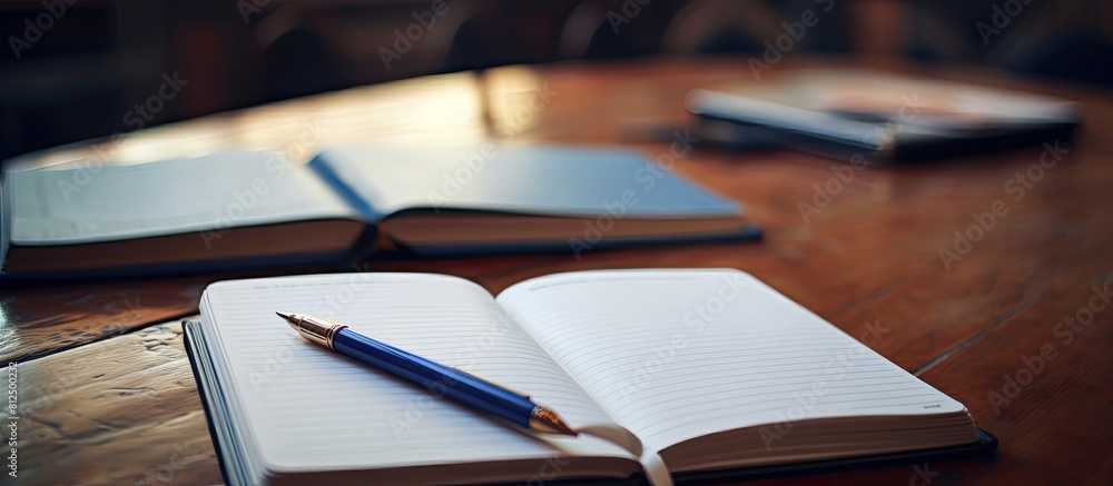 Leinwandbilder in the background there is a copy space image of a notebook accompanied by a pen pencil and books