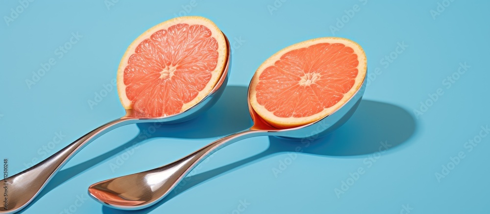 Poster there is a copy space image of two grapefruit halves alongside two spoons
