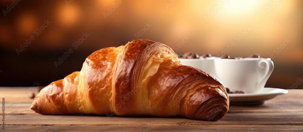 Poster On the table there is a copy space image of a delicious French croissant perfect for breakfast