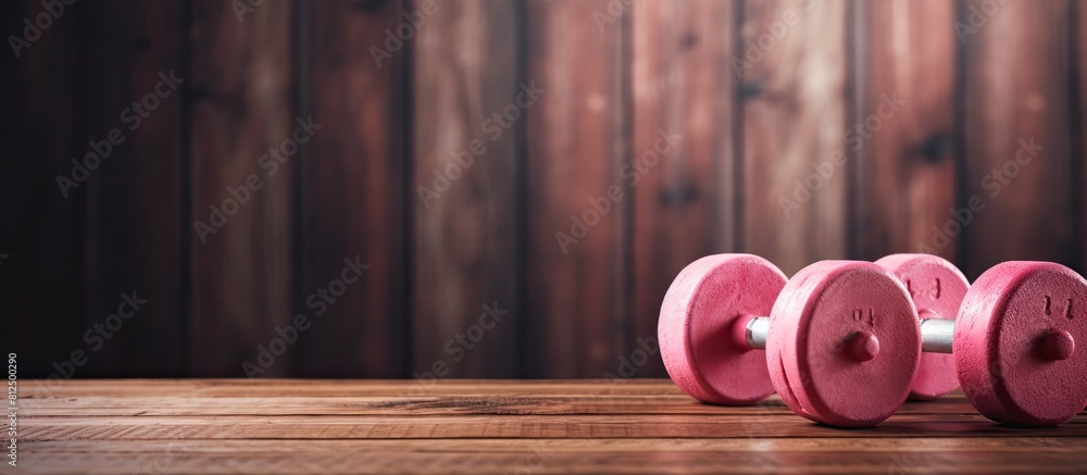 Poster on a vintage wooden background there is a copy space image featuring pink dumbbells enhancing the sp