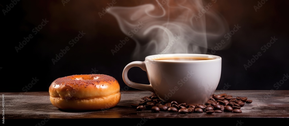 Aufkleber there is a copy space image of a partially consumed doughnut placed beside a steaming cup of coffee