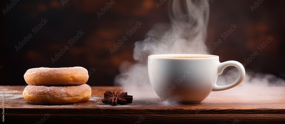 Aufkleber there is a copy space image of a partially consumed doughnut placed beside a steaming cup of coffee