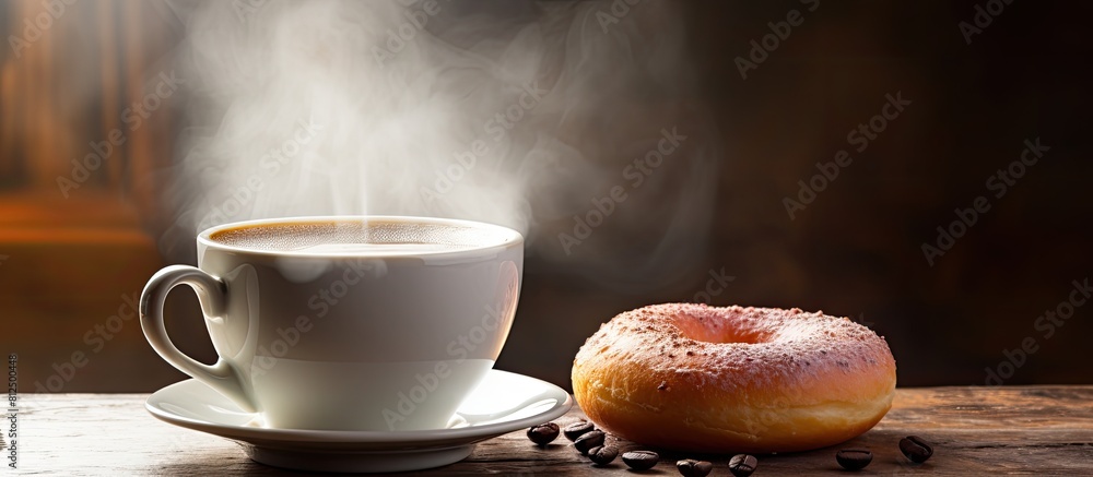 Aufkleber there is a copy space image of a partially consumed doughnut placed beside a steaming cup of coffee