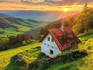 Paint a picture of a newly constructed home set in a picturesque landscape of vibrant green grass and a serene blue sky at sunrise - obrazy, fototapety, plakaty