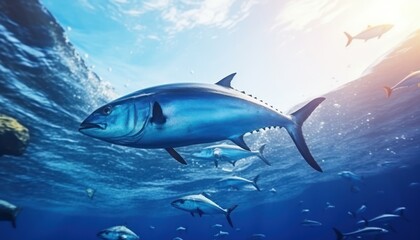 Naklejka premium Groups of giant Tuna fish in the underwater, coral reef, amazing underwater life, various fish and exotic coral reefs, ocean wild creatures background