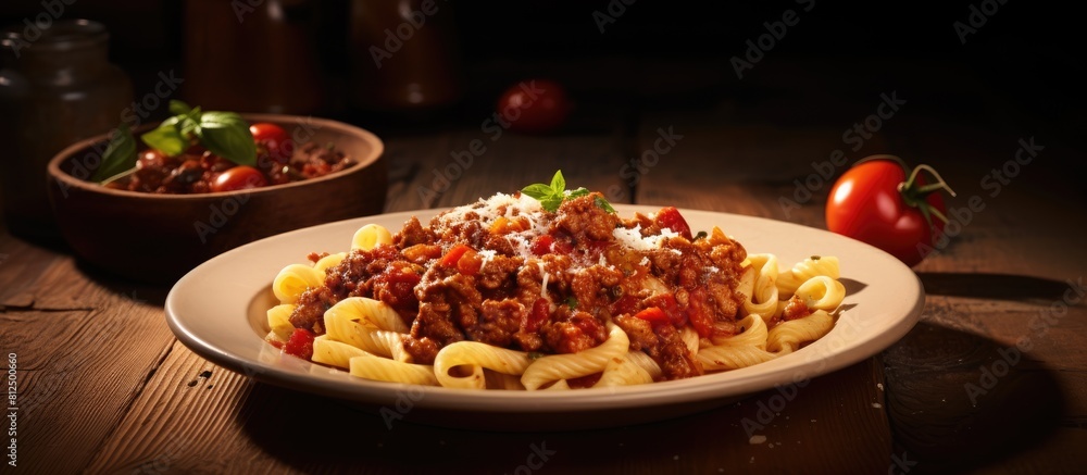 Leinwandbilder A plate of pasta with meat is placed on a rustic wooden table creating a visually appealing setting There is ample copy space around the food for adding text