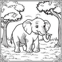 Kids coloring book with cute elephant, trees and flowers. Simple shapes, contour for small children. Cartoon vector.