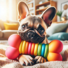 Happy french bulldog playing with big rainbow colored toy bone