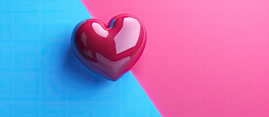 A red heart is placed on a vibrant pink and blue background creating a visually striking image with ample copy space The concept behind the image revolves around health and donating