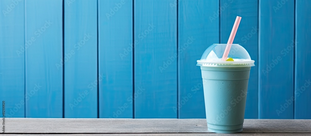 Poster a delicious smoothie is presented in a plastic cup on a light blue table complemented by a white woo