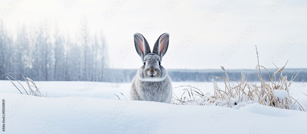 Poster A grey rabbit is seen against a white backdrop in this copy space image