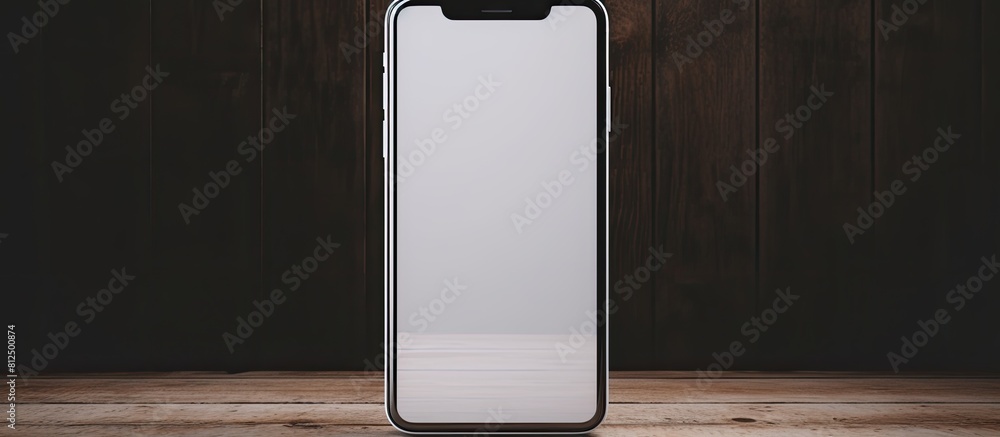 Poster a white smartphone is seen from the front leaning against a gray wall on a wooden table with an empt