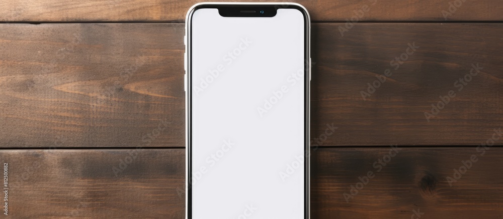 Poster a white smartphone is seen from the front leaning against a gray wall on a wooden table with an empt