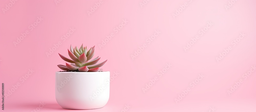 Poster a small succulent plant is showcased in a white pot against a pink background creating a design conc