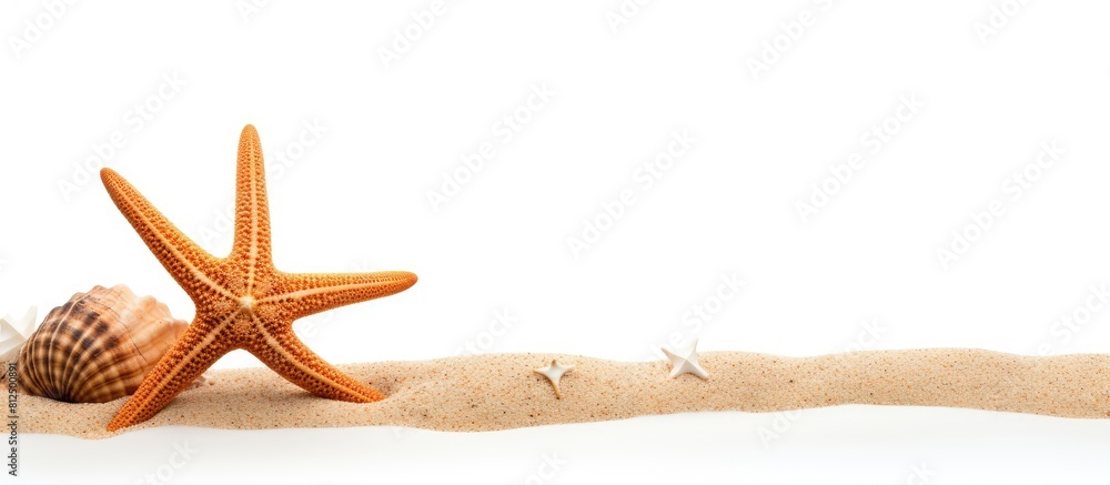 Aufkleber A starfish is seen in a border design on a sandy beach with a copy space image It is isolated against a white background representing a vacation concept