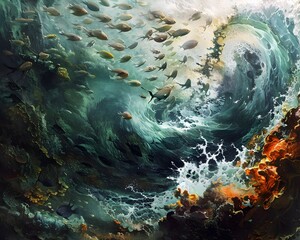 Turbulence Disrupts Marine Biodiversity A Community in Motion Amid Chaos - obrazy, fototapety, plakaty