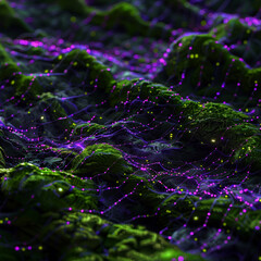 Luminous paths of digital connectivity in hues of violet and moss green, crisscrossing in a high-tech landscape. - obrazy, fototapety, plakaty