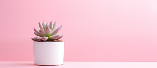 A small succulent plant is showcased in a white pot against a pink background creating a design concept with copy space for visuals